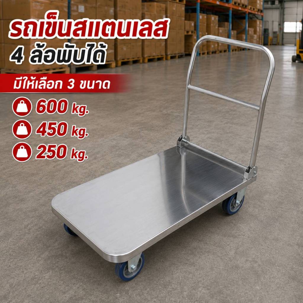 รถเข็นสินค้า รถเข็นสแตนเลส รับนน.600/450/250 kg. ล้อใหญ่ 5 นิ้ว เข็นลื่น เงียบ แข็งแรง วัสดุสแตนเลสทนทาน ทนการกัดกร่อน