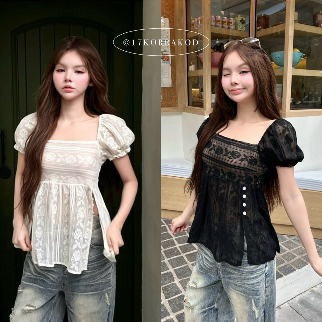 🌻เสื้อคอเหลี่ยมแขนตุ๊กตาผ้าลูกไม้มีซับ ดีเทลผ่าข้างแต่งกระดุม น่ารัก ทรงสวย (Nusa Style)