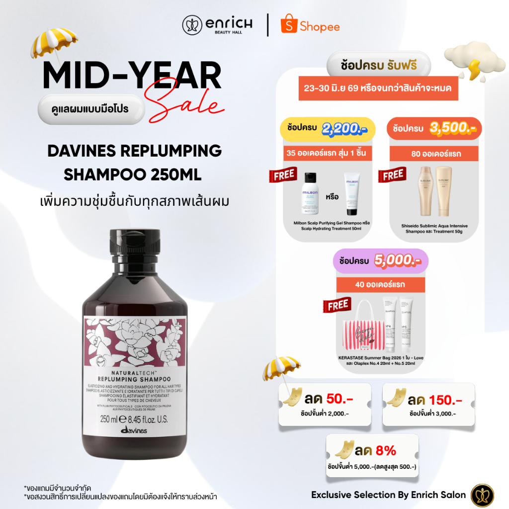 DAVINES Replumping Shampoo 250ml แชมพูเติมความชุ่มชื้น สำหรับผมแห้งเสีย ขาดน้ำ และผ่านการทำเคมี