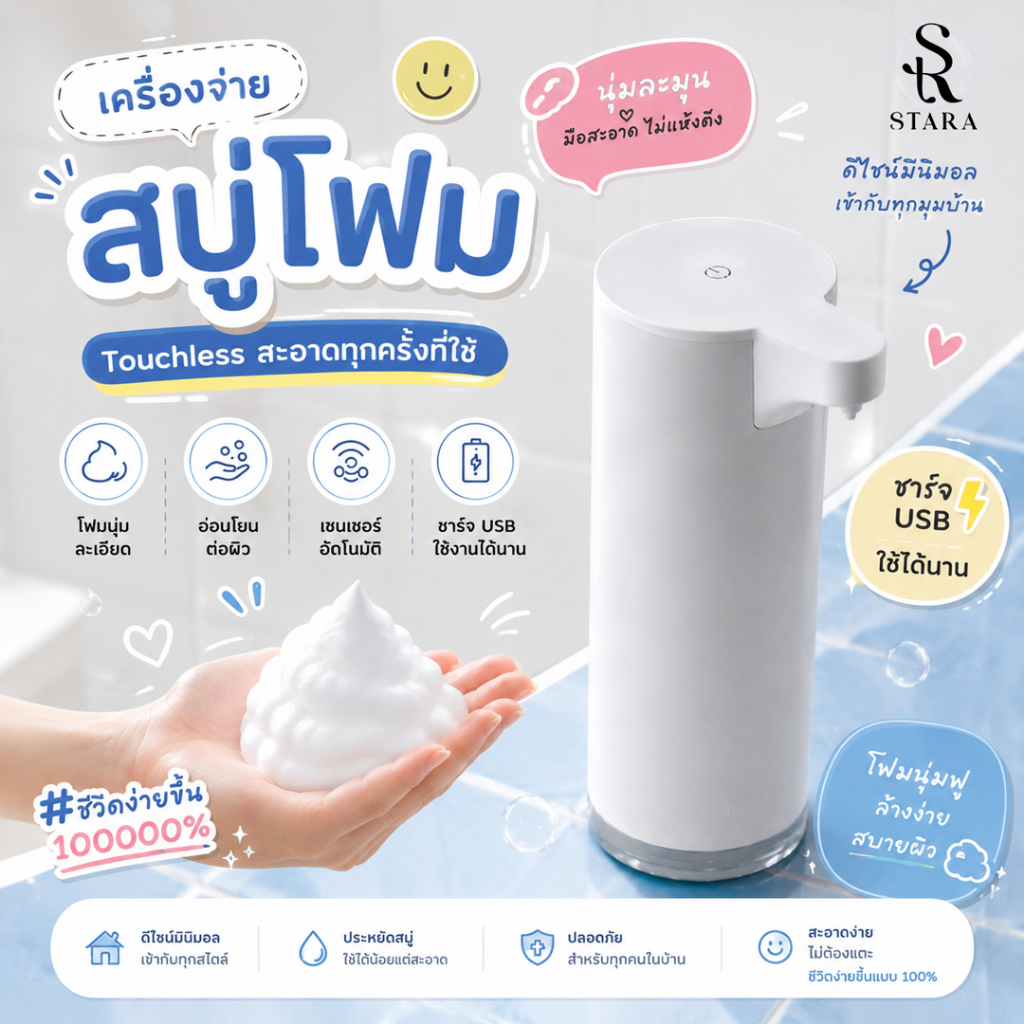 Stara (รุ่น Airy White) เครื่องจ่ายสบู่โฟม กันน้ำ IPX5  ระบบเซนเซอร์ไว 0.25 วินาที ชาร์จไฟได้ ไม่ต้องสัมผัส ประกัน1ปี