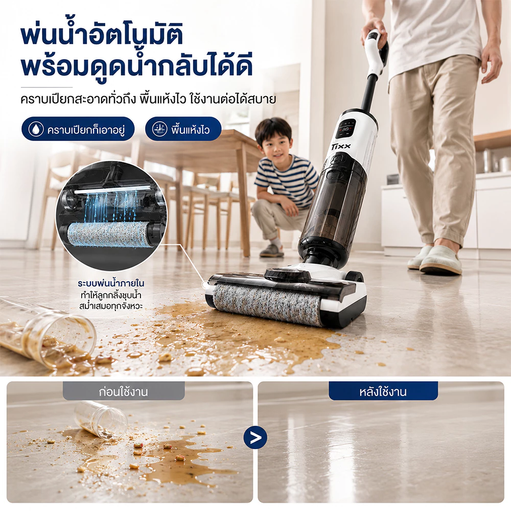 Tixx เครื่องล้างพื้น 25000Pa อเนกประสงค์ เครื่องดูดฝุ่นไร้สาย เหมาะใช้ในบ้าน รับประกัน 10 ปี thumbnail 6