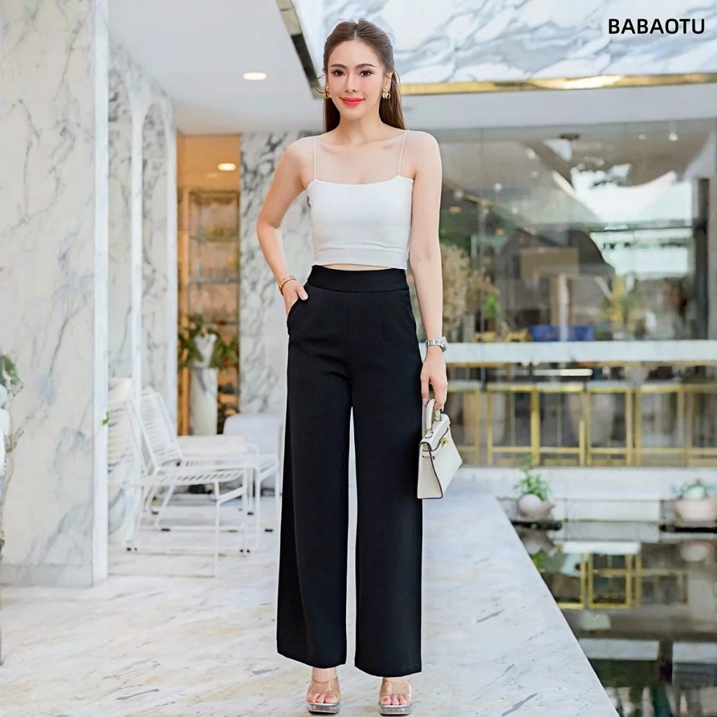 ขากระบอกกลาง สินค้างานป้าย ไซส์ S-2XL มี 6 สี ผู้หญิง เสื้อผ้า Clothing Women Pants กระเป๋า 2 ใ กางเกงสแล็คสไตล์เกาหลี