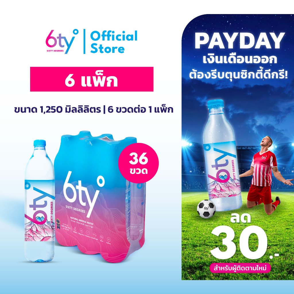 [ส่งฟรี] 520ml 6 แพ็ก 72 ขวด นํ้าแร่ 6ty Degrees Mineral Water น้ำแร่ธรรมชาติ 100% จากแหล่งน้ำแร่เชียงดาว