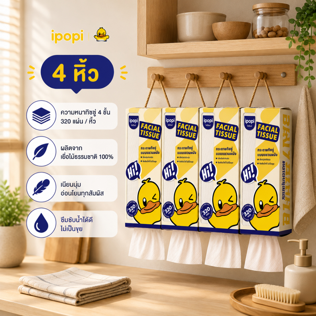 [สินค้าใหม่ ยกเซ็ต 4 หิ้ว] ipopi facial tissue cute duck ทิชชู่เช็ดหน้า พรีเมียม แขวนผนัง ความหนา 4 ชั้น 320 แผ่น/หิ้ว