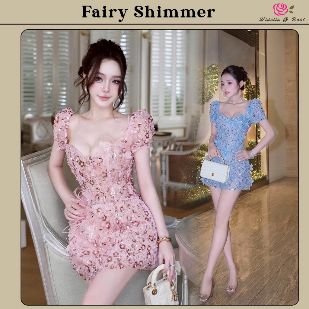 Fairy Shimmer Dress 2 สี สีชมพู/สีฟ้า เดรสสั้นผ้าตาข่ายปักเลื่อมดอกไม้ 3d รอบตัว แขนไหล่สม็อก มีดีเทลดอกไม้เย็บติด