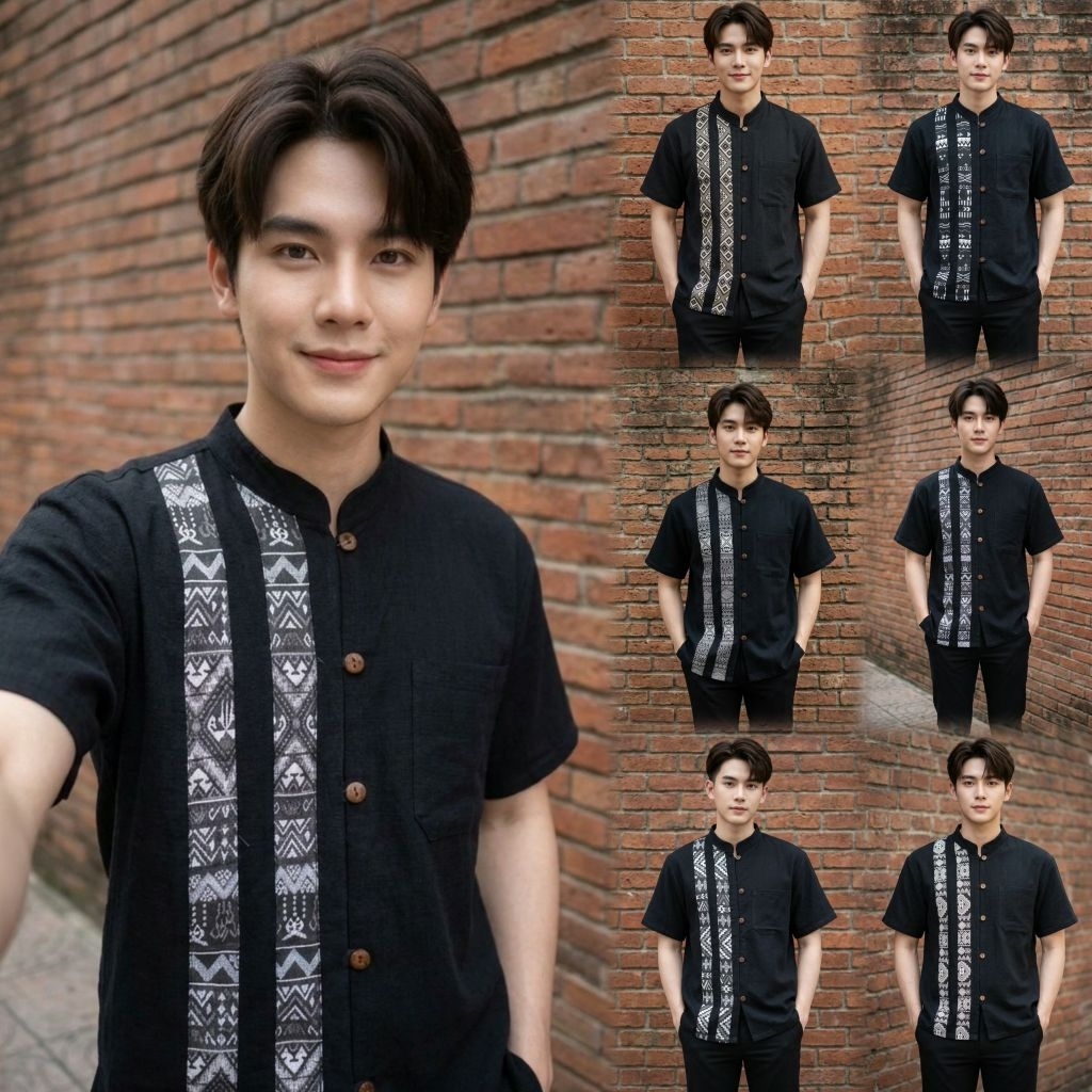เสื้อพื้นเมืองผู้ชายคอจีนแต่งแถบผ้าทอลาย