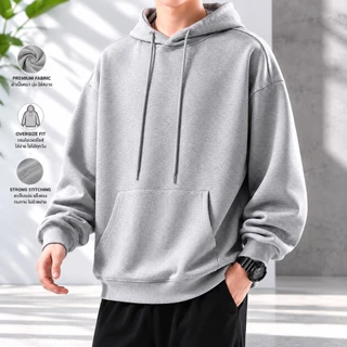 เสื้อกันหนาว ผู้ชาย แบบสวม มีฮู้ด เชือกรูด เสื้อแขนยาว สีพื้น ทรงสวยสไตล์เกาหลี แฟชั่นฤดูหนาวสุดฮิต