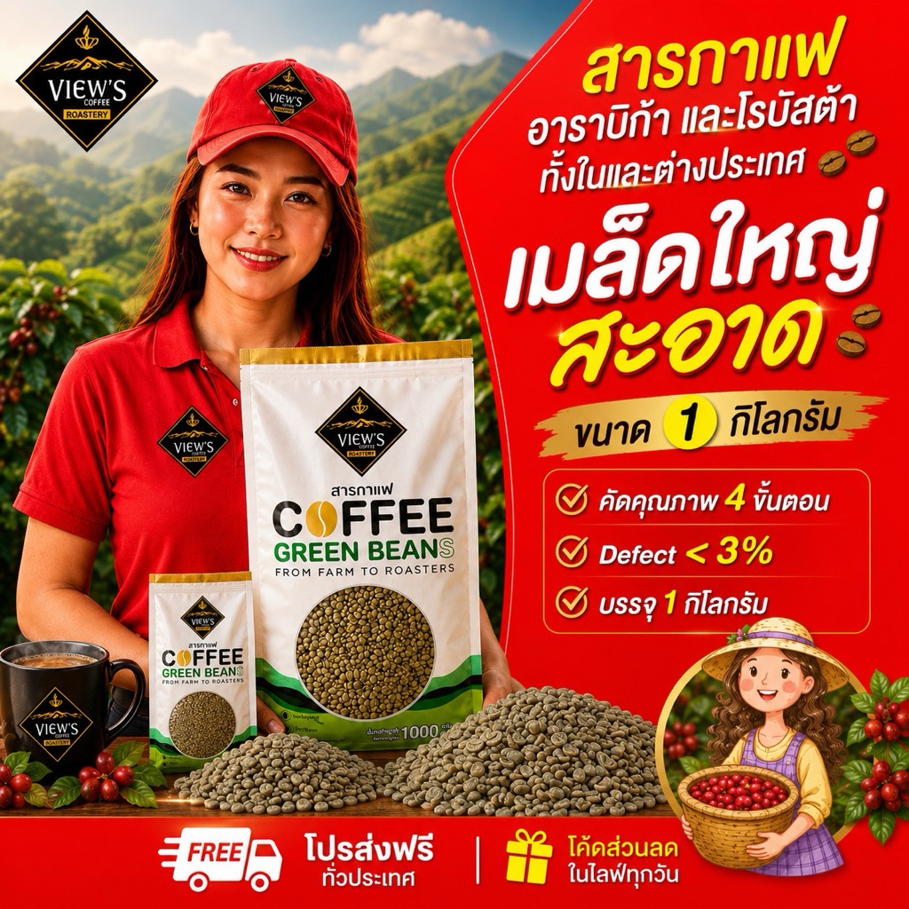 ✅สารกาแฟอราบิก้า และ โรบัสต้า/Arabica And Robusta Green Bean คัดพิเศษ 4ขั้นตอน [บรรจุ 1 Kg]