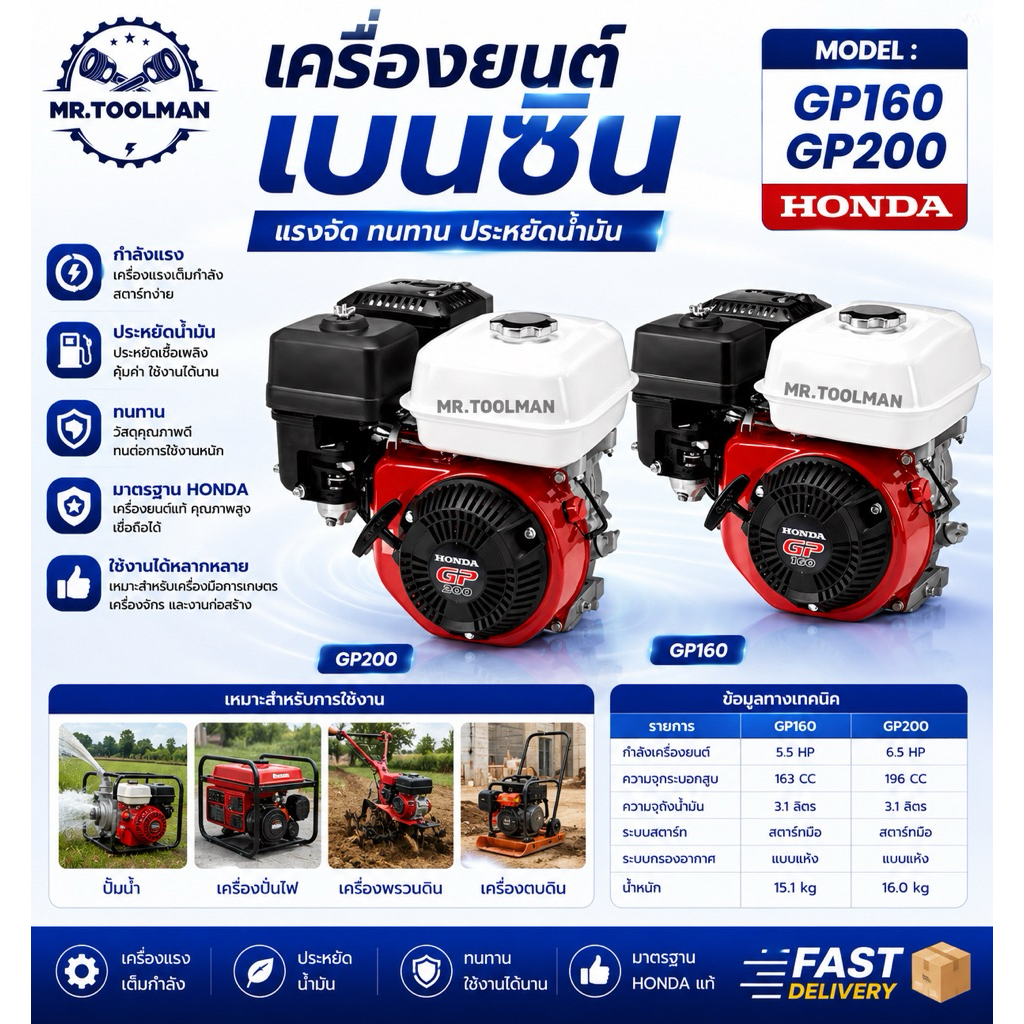 เครื่องยนต์เบนซิน Honda GP160 5.5แรง, GP200 6.5แรง แท้