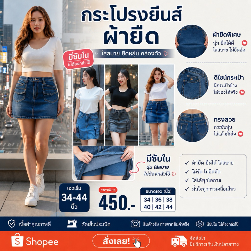 กระโปรงยีนส์สาวอวบ เอวเริ่ม 34-44 นิ้ว
