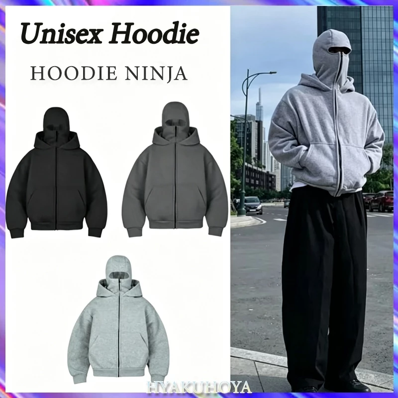 HOODIE BALACLAVA ZIPPER-Ninja Zip Hoodie with 2 Balaclava Face Covers Unisex Hoodie