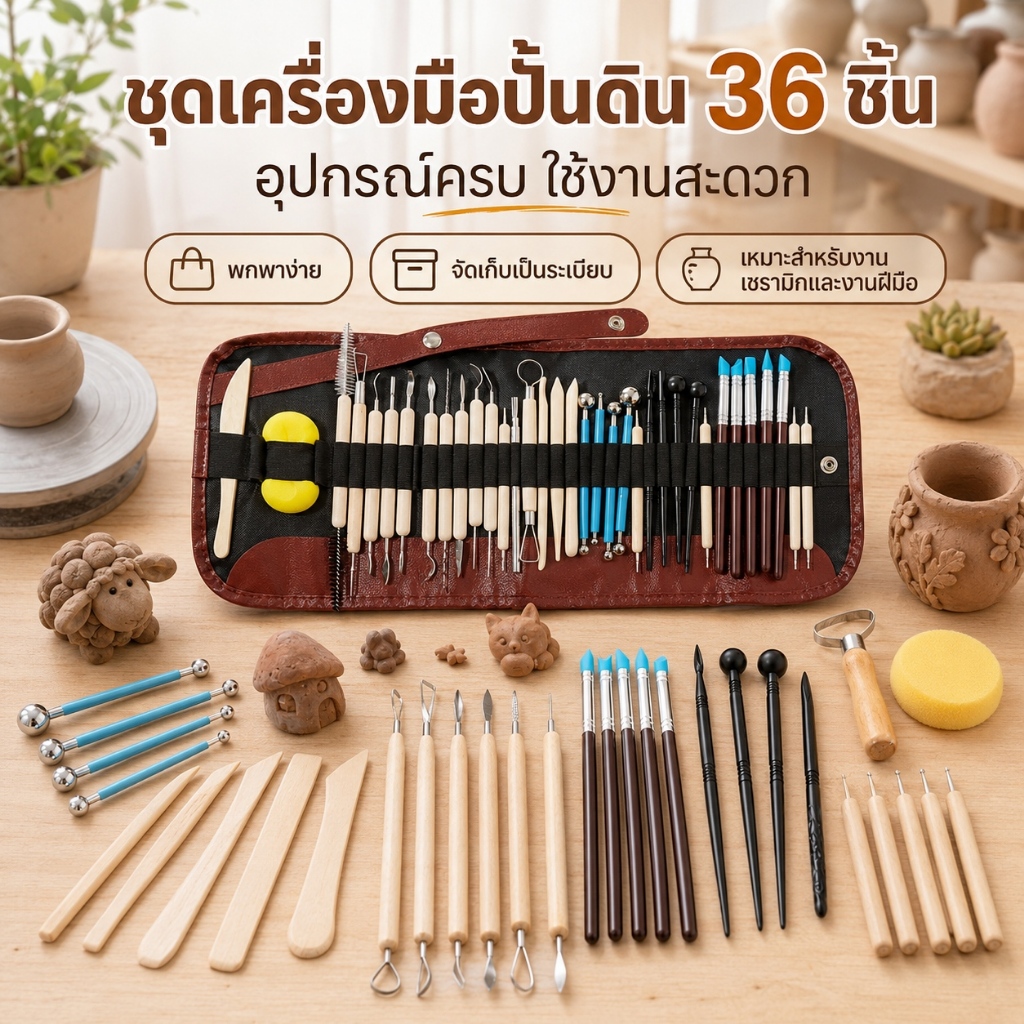 เครื่องมือปั้นดิน 25/36 ชิ้น 	ในชุดมีไม้ปั้นหลากหลายขนาด พร้อมกระเป๋าเก็บ พกพาสะดวก เหมาะกับทุกประเภท