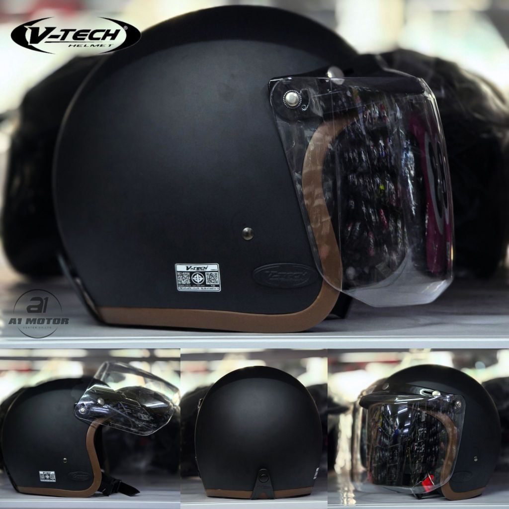 V-Tech รุ่น A300 หมวกกันน็อกวินเทจ พร้อมหน้ากาก ฟรีไซซ์รอบศีรษะประมาน 58-59 cm มาตรฐาน มอก.