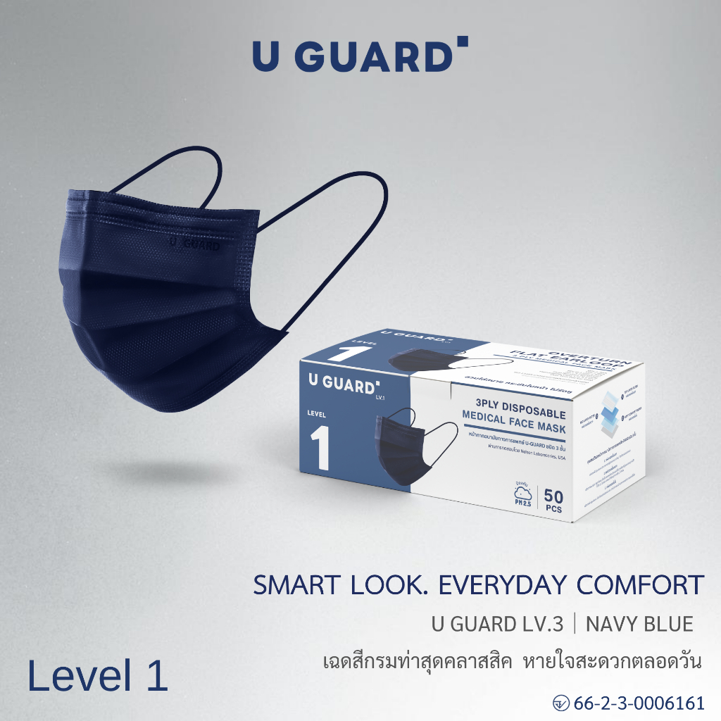 U GUARD Medical Face Mask หน้ากากอนามัยทางการแพทย์ Level 1 สีน้ำเงิน สายคล้องแบน ไม่รัดหู 50 ชิ้น/กล่อง