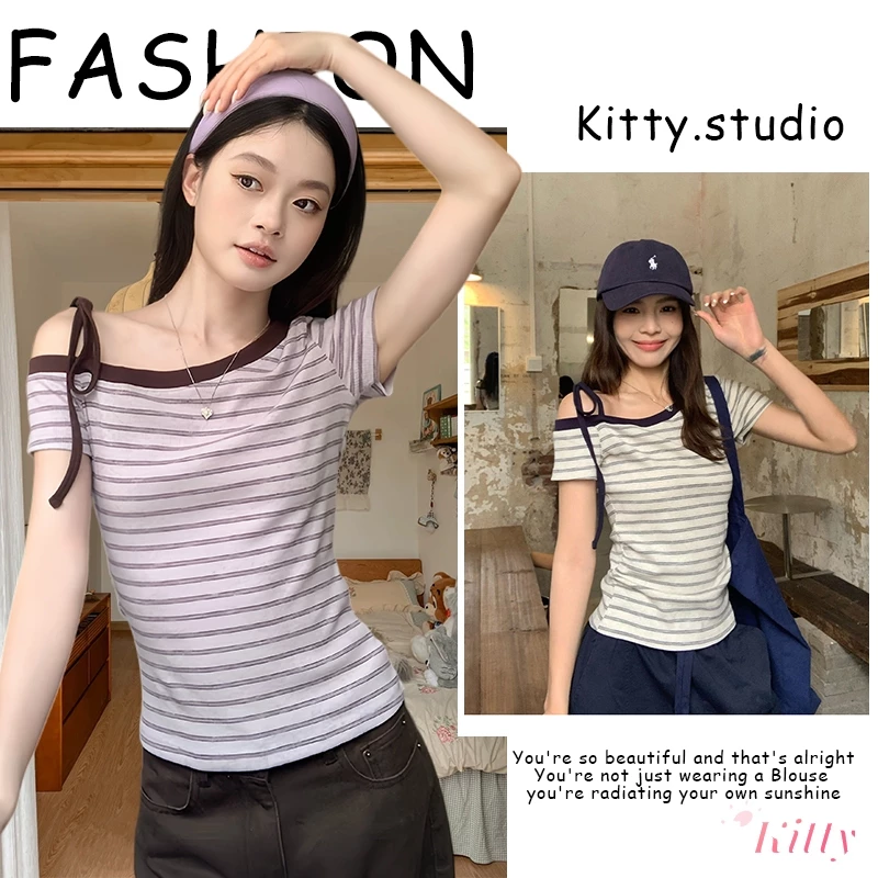 Kitty พร้อมส่ง🌸 ส่งไว กรุงเทพ เสื้อลายทาง เสื้อเปิดไหล่เฉียง สายผูกข้าง สไตล์เกาหลี ใส่คู่กางเกงยีนส์ กระโปรง