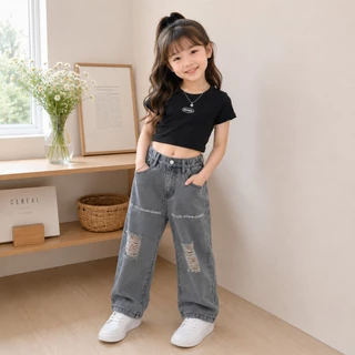Hania kids พร้อมส่ง กางเกงยีนส์เด็ก สไตล์เกาหลี เนื้อผ้าดี เสื้อผ้าเด็กผู้หญิง K5135606