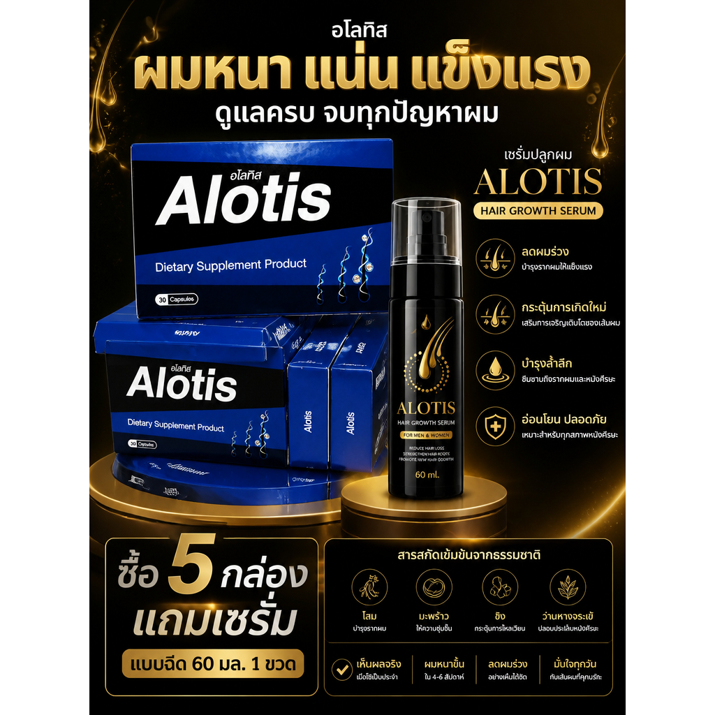ยาปลูกผม อโลทิส Alotis 5กล่อง ของแท้ 100% มี อย.แถมเซรั่มแบบฉีด 60มล.1 ขวด