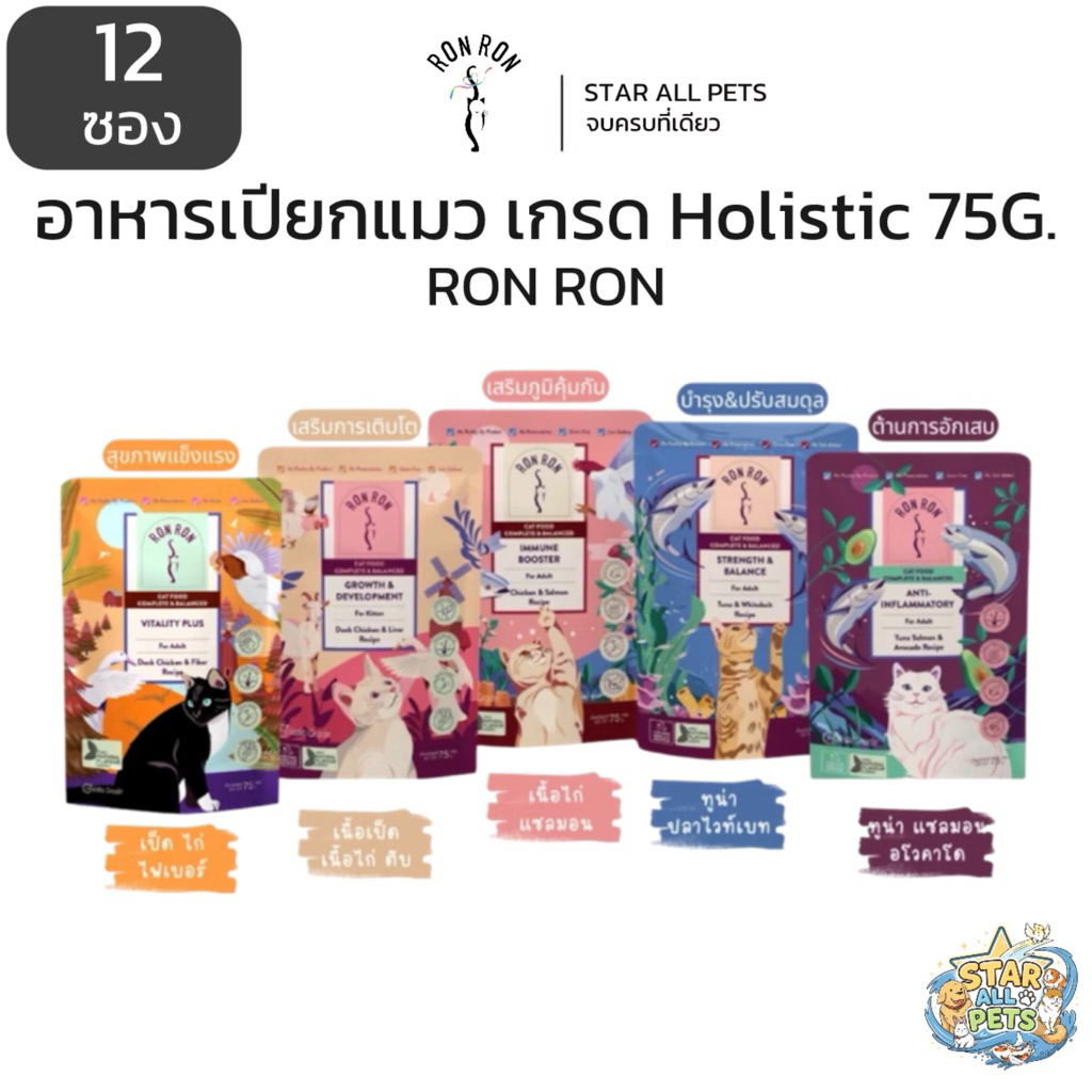 ยกโหล|คละได้📌 Ron Ron อาหารเปียกแมว Holistic ร็องร็อง มีทั้ง 5 สูตร ขนาด 75 กรัม