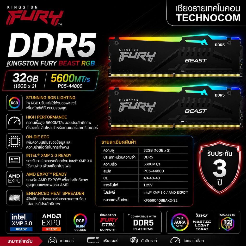 KINGSTON FURY Beast RGB DDR5 32GB (16GBx2) 5600MHz (แรมคอมพิวเตอร์ RAM) KF556C40BBAK2-32