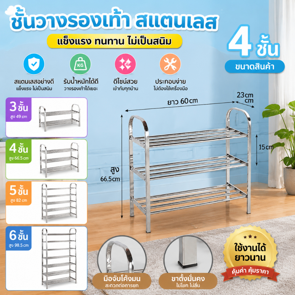 PINMU ชั้นวางรองเท้าหลายชั้น ชั้นวางรองเท้า 3, 4, 5, 6 ชั้นทำจากสแตนเลสทนต่อแสงแดดและฝนไม่เป็นสนิมชั้นวางรองเท้าประตู