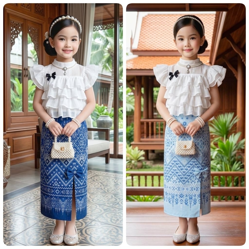 ชุดไทยเด็ก รุ่นเสื้อขนมชั้นแขนระบายผ้าโรซี่พิมพ์ลาย+ผ้าถุงยาวพิเศษผ่าหน้าแต่งโบว์