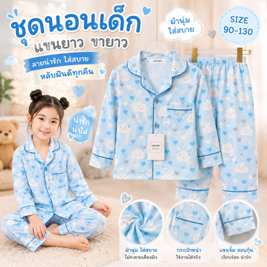 ชุดนอนเด็กลายมินิมอล แขนยาว ไซส์ 90-130 ผ่านุ่มนิ่มใส่สบาย