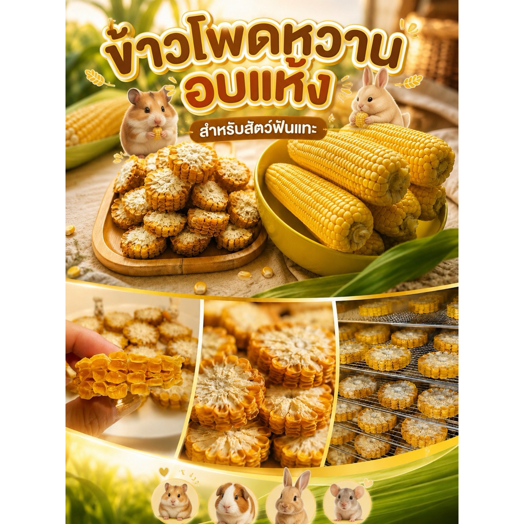 พร้อมส่ง ข้าวโพดหวานสไลด์อบแห้ง Dehydated Sweet Cornเหมาะสำหรับสัตว์ฟันแทะทุกชนิด อบสดใหม่ หอมๆ ธรรมชาติ 100%
