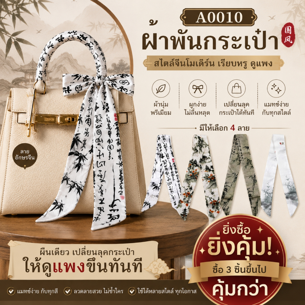 ผ้าพันหูกระเป๋า Twilly ลายหมึกจีน 90 ซม. ผ้าซาติน พันด้ามกระเป๋า พร้อมส่งจากไทย A0010