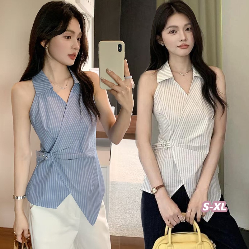 👚Anna👚เสื้อเชิ้ต ลายทาง เปิดไหล่ แขนกุด สำหรับผู้หญิง ดีไซน์ไม่ซ้ำใครและสวยงาม รัดเอวและสายรัดเอว เสื้อแขนกุด 99161