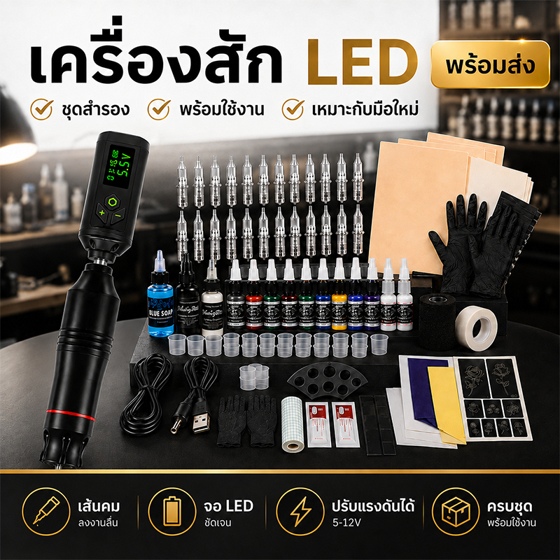เครื่องสัก LED สีดำ ปากกาสักไร้สาย ชุดฝึกสักครบชุด แบตเตอรี่ เข็มสัก หมึกสัก แผ่นซ้อมสัก มือใหม่ พร้อมส่งจากไทย