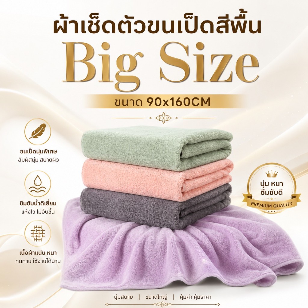 ผ้าเช็ดตัวผืนใหญ่ ผ้าเช็ดตัวขนเป็ดสีพื้น จัมโบ้ Big Size (160X90 CM)