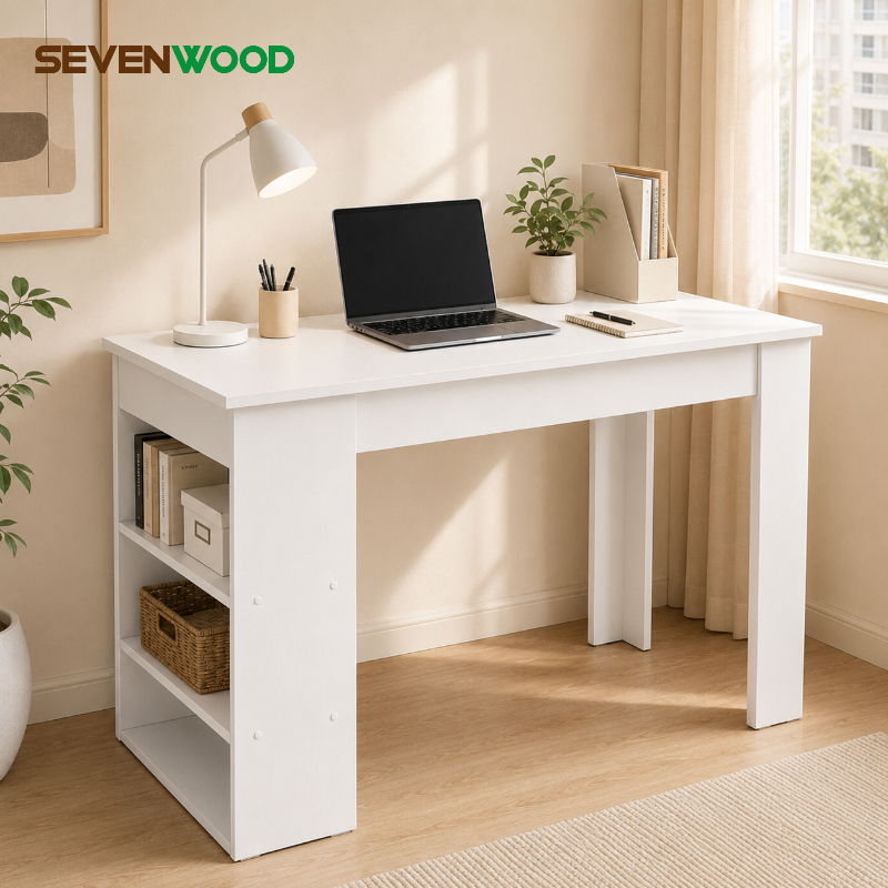 SEVENWOOD โต๊ะทํางาน โต๊ะคอม โต๊ะอ่านหนังสือ 140x60x76ซม. พร้อมชั้นวางของ สีขาว สไตล์มินิมอล ประหยัดพื้นที่ ติดตั้งง่าย