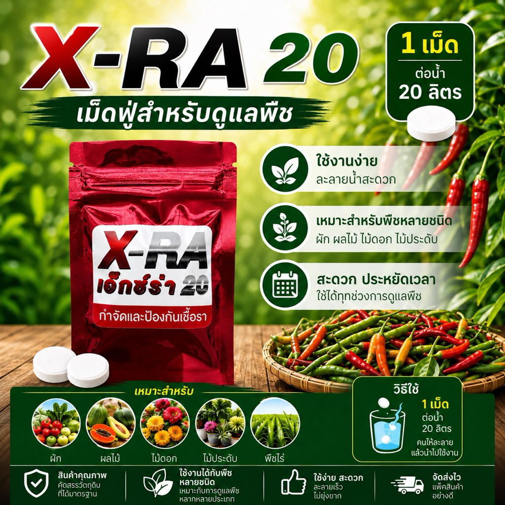 X-RA 20 เอ็กซ์ร่า 20 เม็ดฟู่กำจัด ป้องกันเชื้อรา รักษาโรคพืชได้ทุกชนิด รากเน่าโคนเน่า ราหนวดแมว กุ้งแห้ง