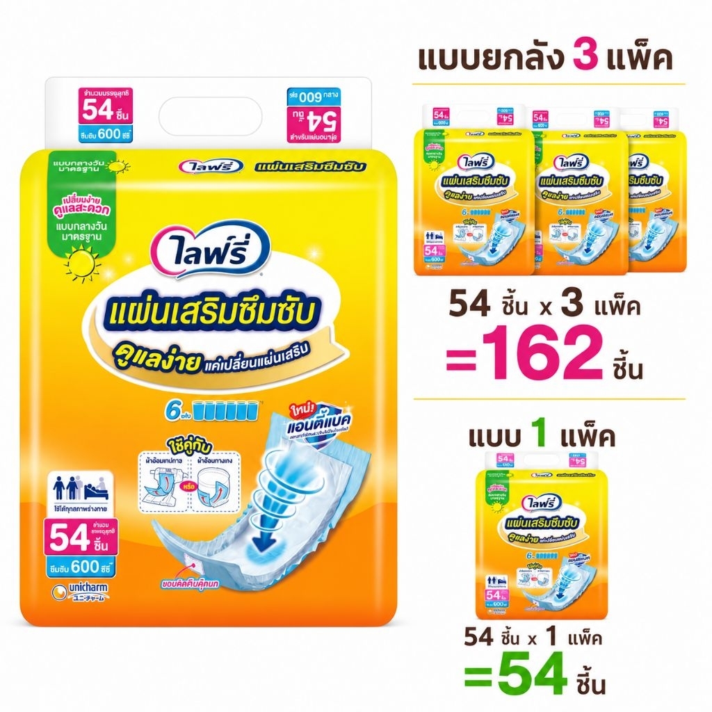 Lifree ไลฟ์รี่ แผ่นเสริมซึมซับ รุ่นกลางวันขนาด 54 ชิ้น (ขายยกลัง 3 แพ็ค)