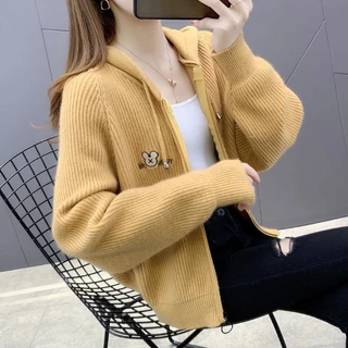 [พร้อมส่ง]คาร์ดิแกน เสื้อแขนยาวผู้หญิง มีฮู้ด มีซิป ผ้าลูกฟูก สีพื้น สบาย นุ่มนวล