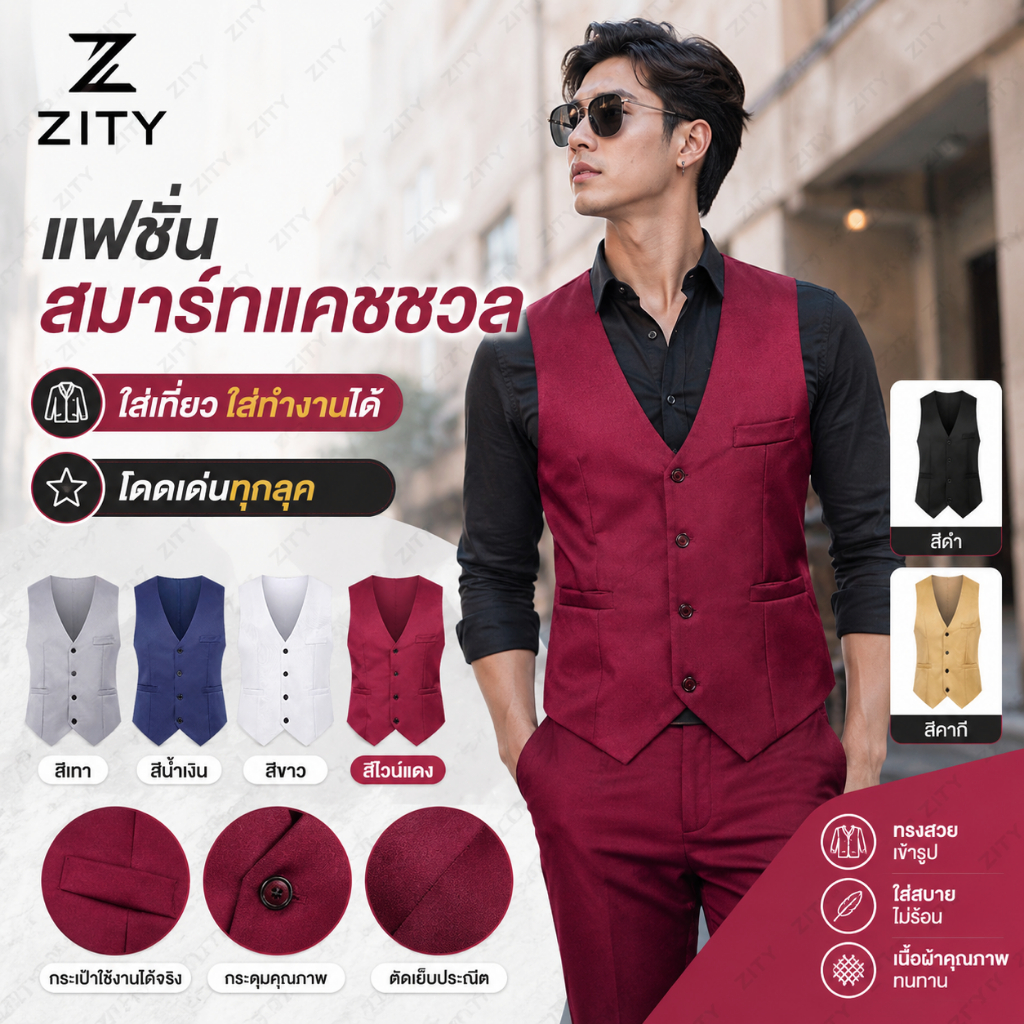 ZITYสูท เสื้อกั๊ก เสื้อกั๊กสูท กระดุมแถวเดียว สีพื้น พลัสไซซ์ สไตล์นักธุรกิจ สําหรับผู้ชาย