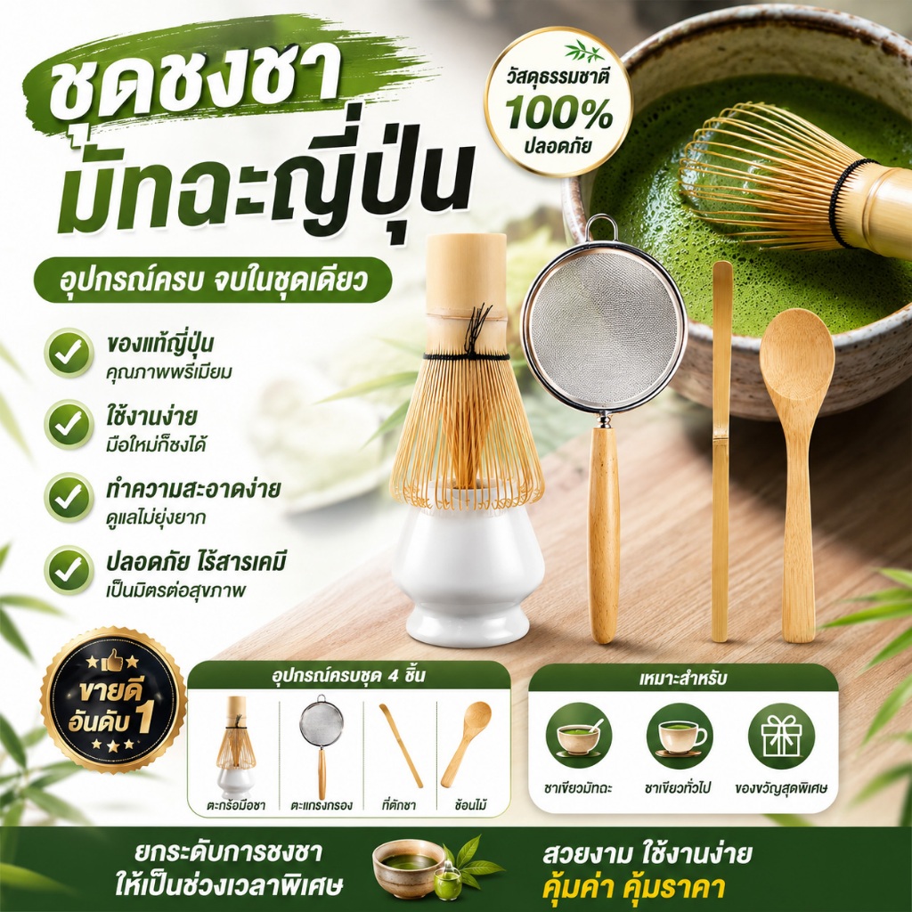 🍵 ชุดชงมัทฉะ 5 ชิ้น ครบเซ็ต [ตะกร้อไม้ไผ่ 100 ซี่ + ถ้วยเซรามิก + ที่กรอง] แปรงชงชาเขียว สไตล์ญี่ปุ่น มินิมอล Home Cafe
