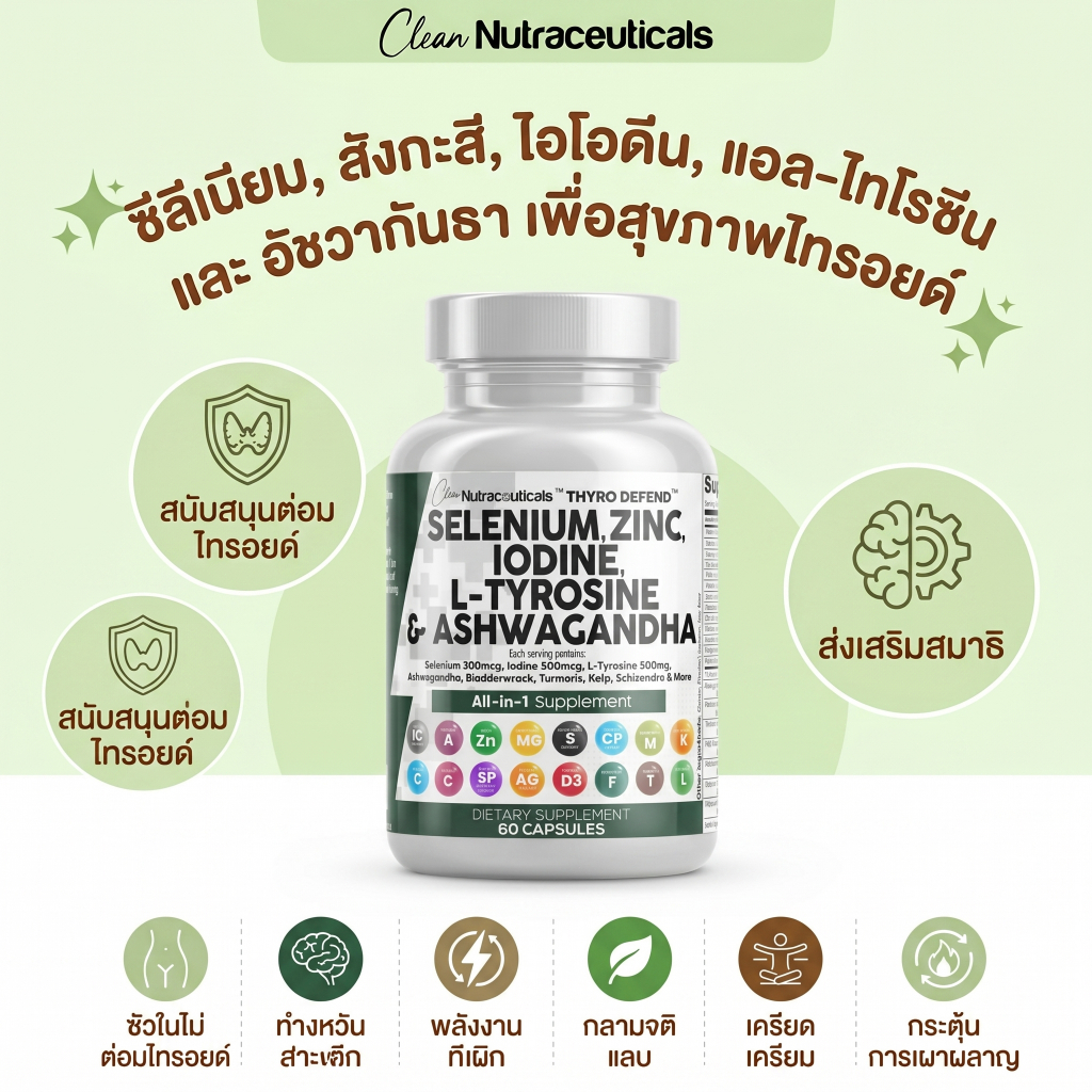 Clean Nutra ThyroDefend เสริมธัยรอยด์ ซีลีเนียม ไอโอดีน สังกะสี L-ไทโรซีน อัศวกันธา บำรุงต่อมไทรอยด์ 60แคป