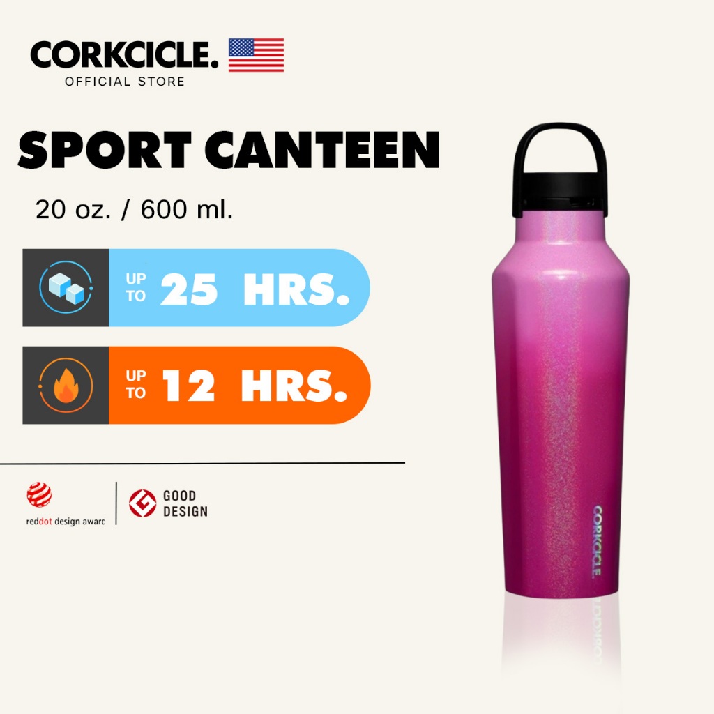 Corkcicle กระบอกน้ำ 20 oz (590 ml) Canteen | Ombre Unicorn Kiss ชมพูกลิตเตอร์ | Keeps Cold เก็บเย็น 25hrs | ขวดน้ําพกพา