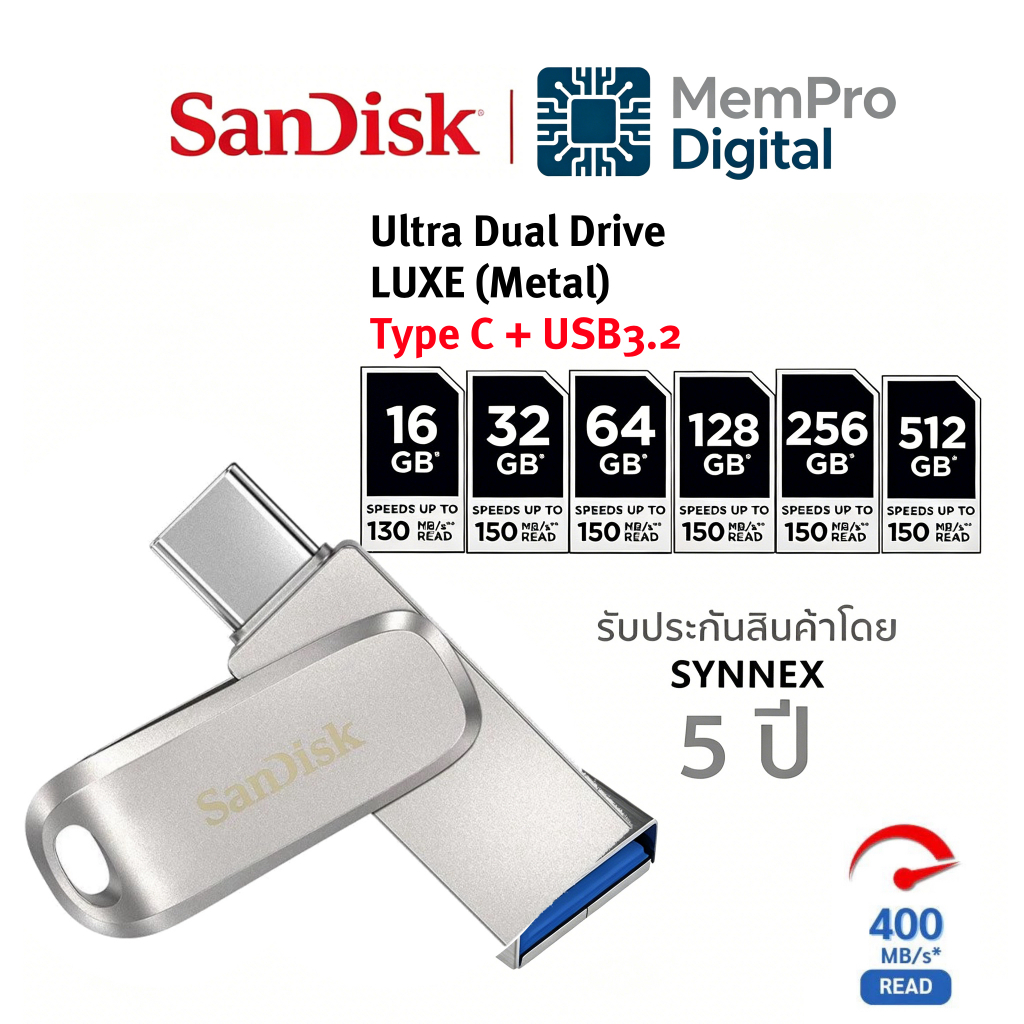 SanDisk Ultra Dual Drive Luxe USB Type-C 32GB/64GB/128GB/256GB/512GB/1T (SDDDC4-C32GB -1TB) แฟลชได