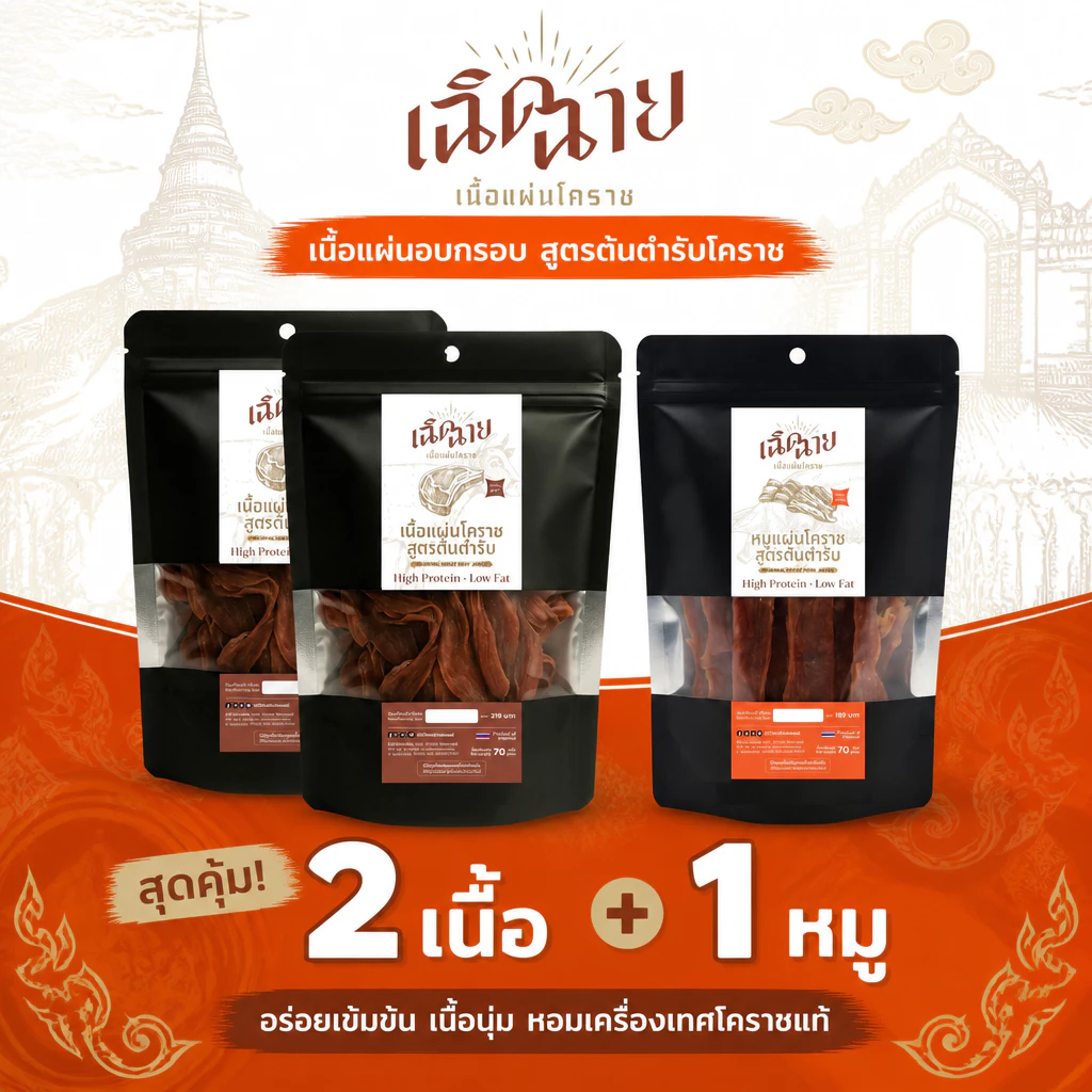 ซื้อคู่ หมู+เนื้อแผ่นโคราช อบพร้อมทาน ของกินเล่น เคี้ยวเพลิน โปรตีนสูง ของฝากโคราช thumbnail 3