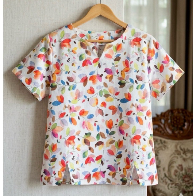 เสื้อผ้าลินิน70%พิมพ์ลายสวยๆคอกลมวีแขนสั้น size 40”-46”