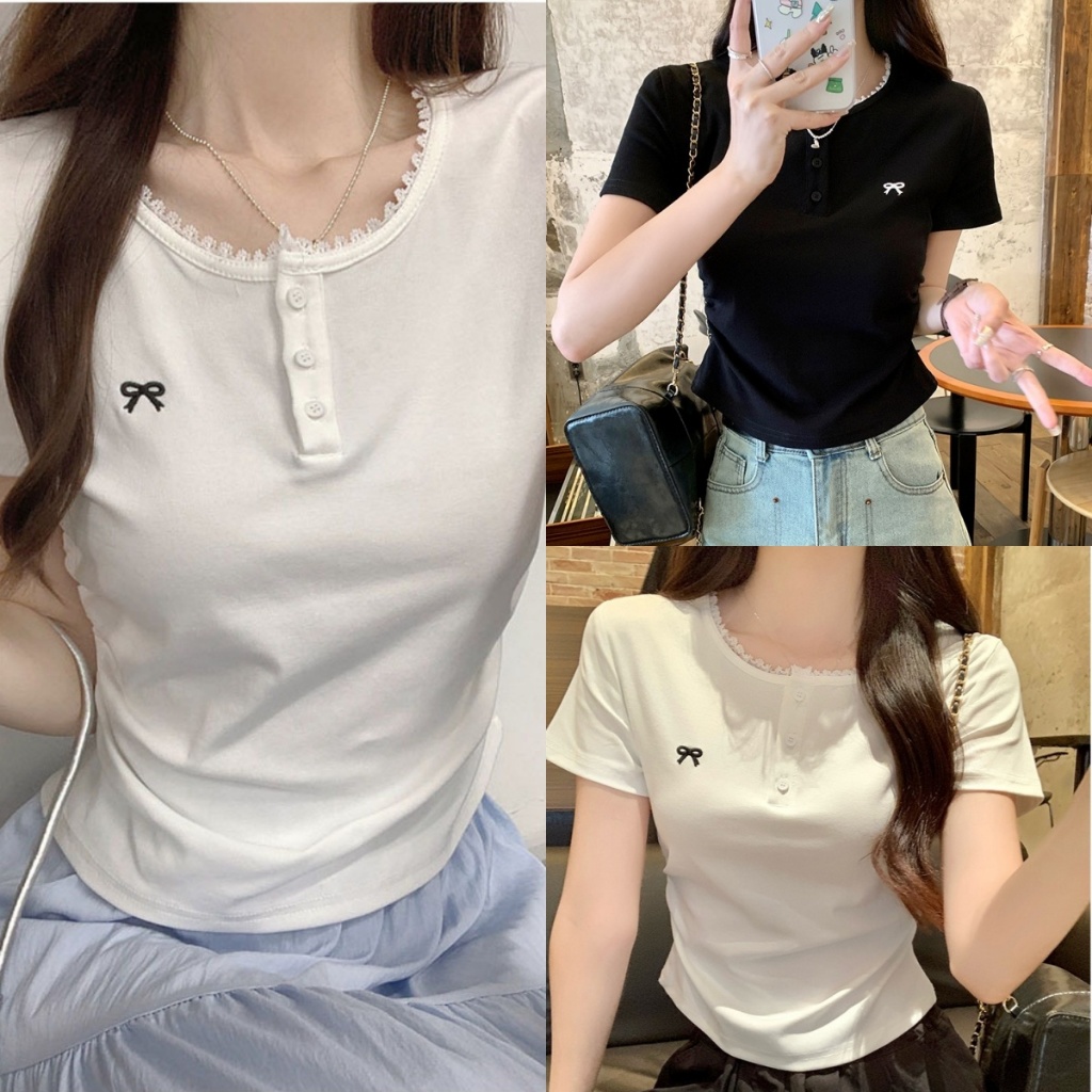 Beryl🌻เสื้อยืดแฟชั่นผู้หญิง เสื้อยืดรัดรูป ด้วยปุ่ม แขนสั้น ดีไซน์ลายปัก สไตล์เกาหลีเรียบง่าย