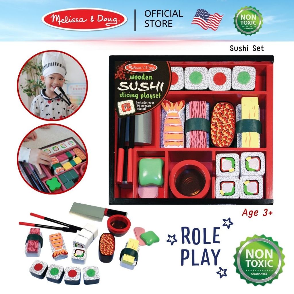 (ของแท้ USA) ชุดทำซูชิไม้ หั่นได้ อุปกรณ์ครบ Sushi Wooden Play Set Melissa & Doug ของเล่นทำอาหาร กล้ามเนื้อมัดเล็ก 2608