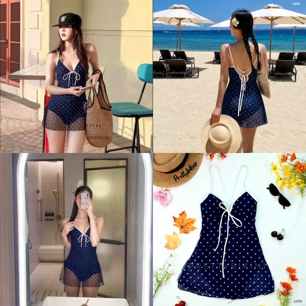 S-0776👉 One Piece Polka dot สุดคิ้วท์ ลุคคุณหนูปนเซ็กซี่ ใส่แล้วหุ่นสวย ถ่ายรูปขึ้นกล้องทุกช็อตค่ะ💙🤍😍