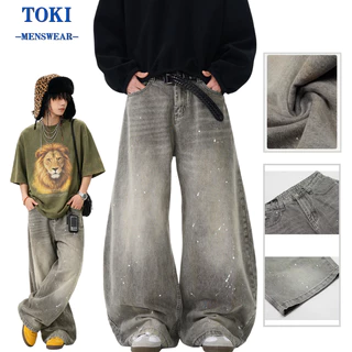 toki- กางเกงยีนส์ผู้ชาย ทรงตรง ทรงหลวม สีเทา กระบอกใหญ่ทรงบอลลูน Unisex ไซส์ M-3XL สไตล์อเมริกันวินเทจ baggy jeans