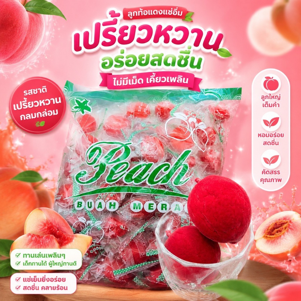ลูกพีชแช่อิ่ม รสเปรี้ยวหวานฉ่ำเต็มคำ ขนาด 1 กิโลกรัม อัดแน่นมากกว่า 50 ลูก ลูกใหญ่สุดฟิน