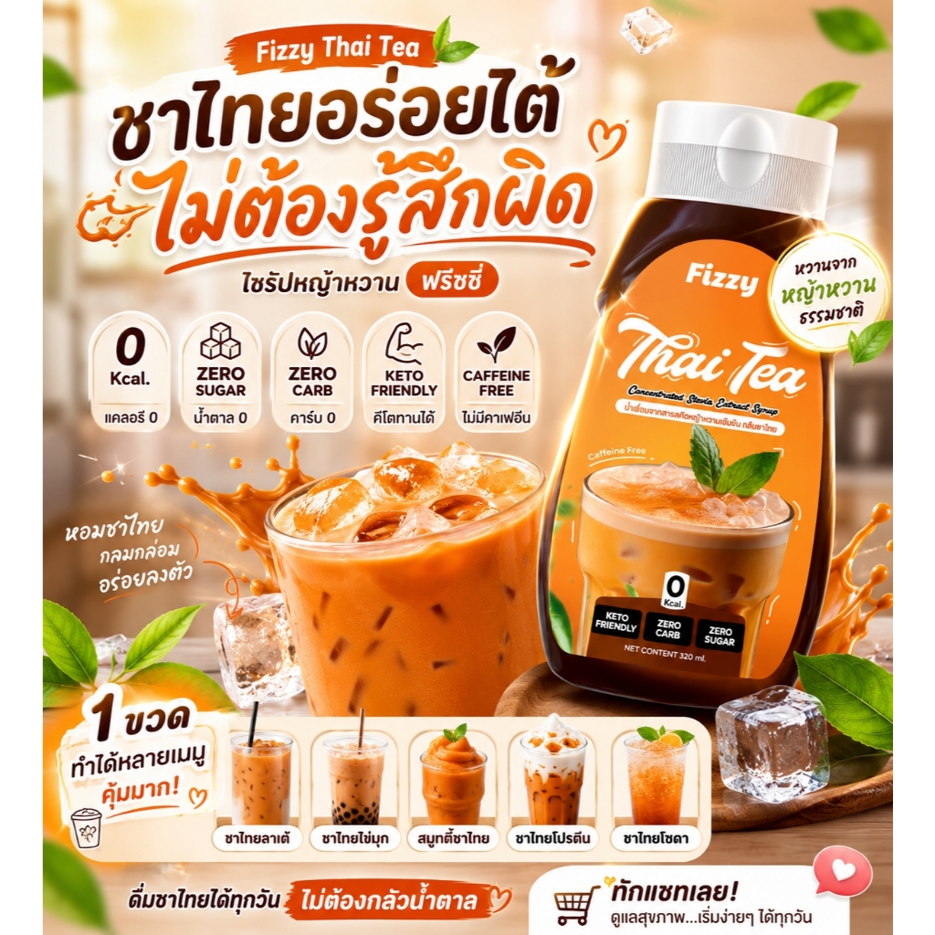 ฟรีซซี่ ไซรัปคีโต ชาไทย ไม่มีคาเฟอีน ไม่มีน้ำตาล 0kcal.