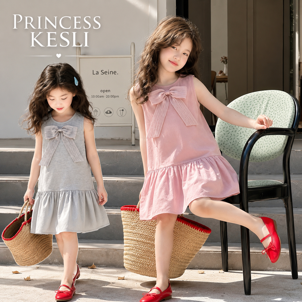 PRINCESS KESLI 2-12 ปี เดรสเด็กผู้หญิง เชุดเดรสเด็กไร้แขน ตกแต่งโบว์ใหญ่ สไตล์น่ารัก ผ้านุ่มระบายอากาศ สำหรับเด็กผู้หญิง