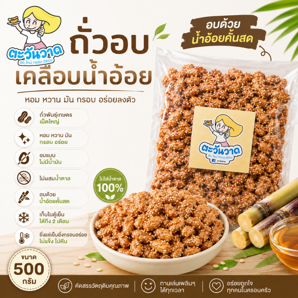 ถั่วอบเคลือบน้ำอ้อย ถั่วลิสงเม็ดใหญ่ 500g สูตรไม่ใส่น้ำตาล อบไร้น้ำมัน หอม กรอบ มัน อร่อย